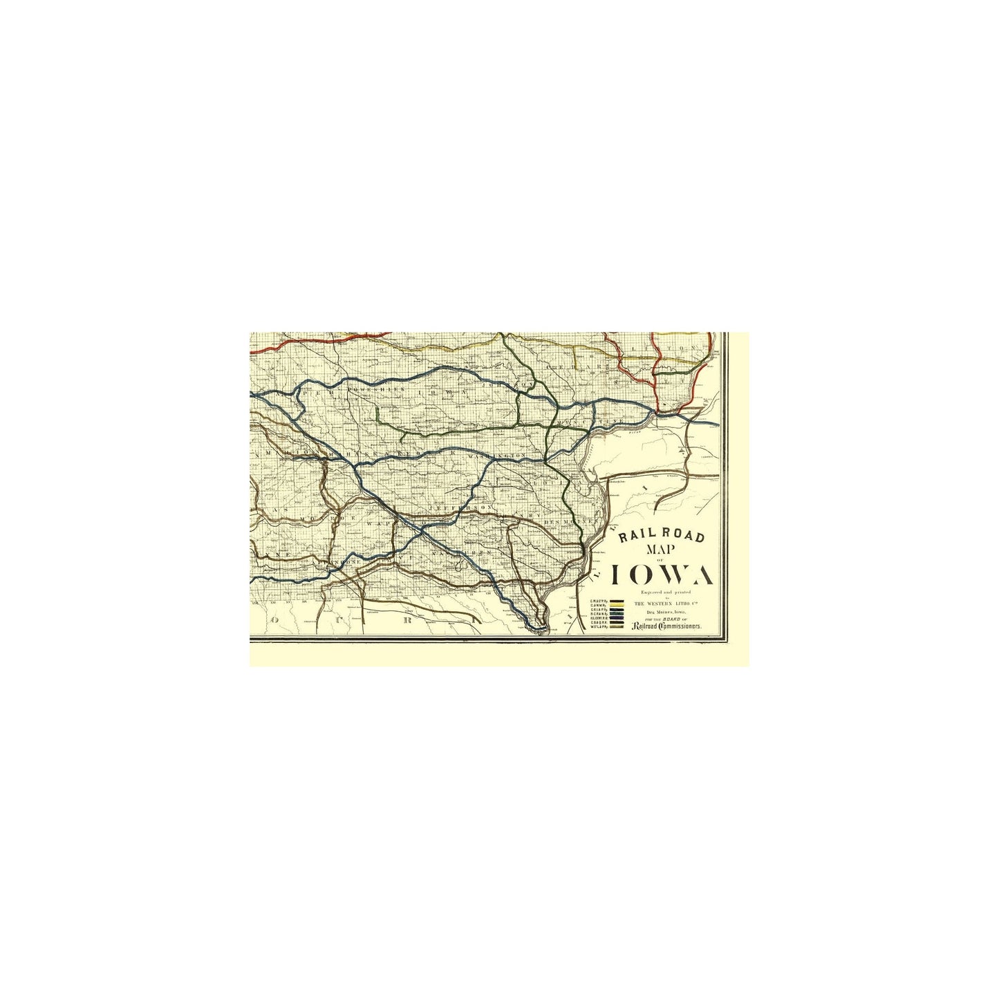 Railroad Map - Iowa Railroad - Western Litho 1881 - 34.32 x 23 - Vinta ...