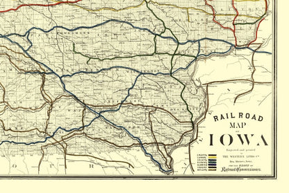 Railroad Map - Iowa Railroad - Western Litho 1881 - 34.32 x 23 - Vintage Wall Art