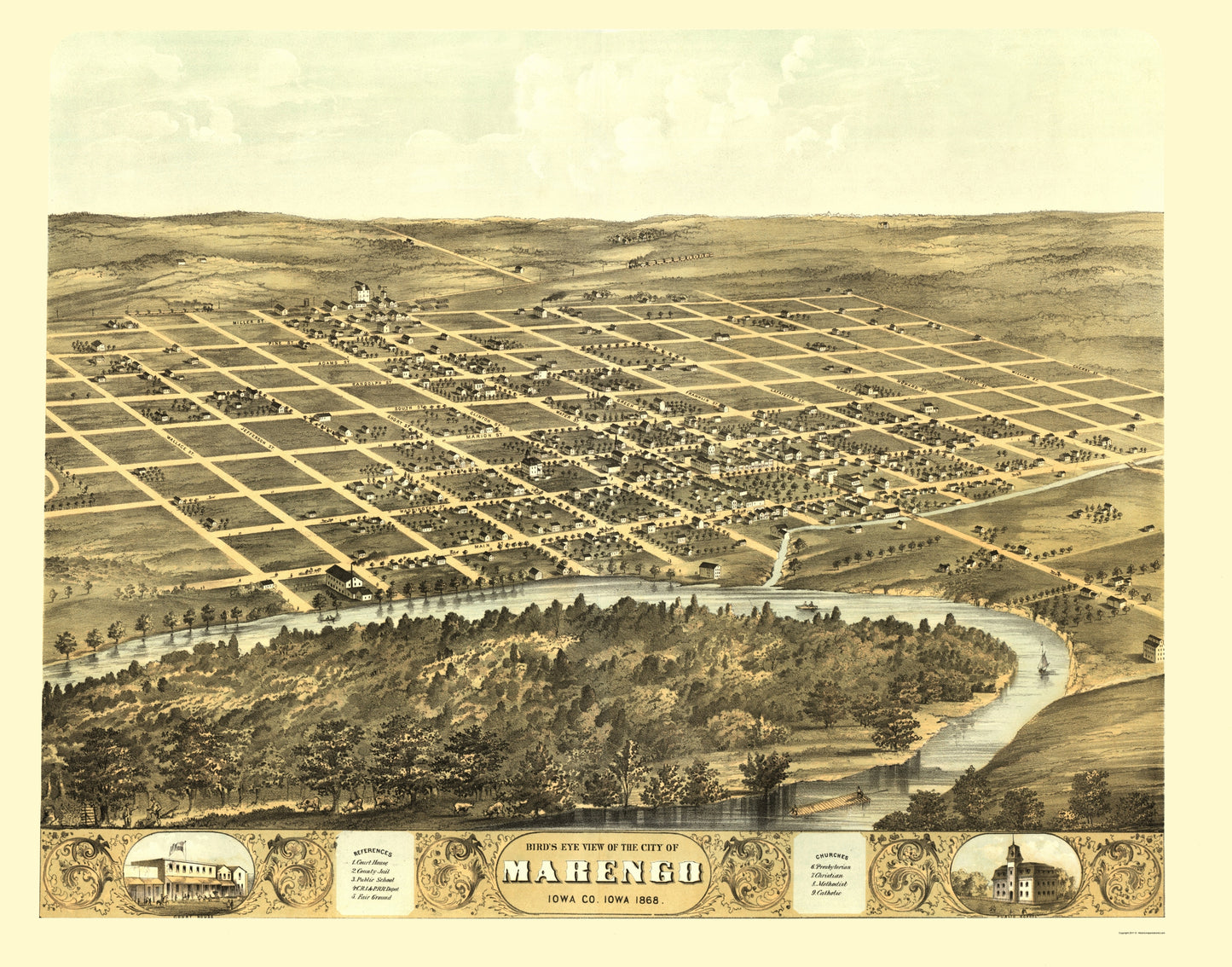 Historic Panoramic View - Marengo Iowa - Ruger 1868 - 23 x 29.30 - Vintage Wall Art