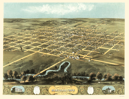 Historic Panoramic View - Marshalltown Iowa - Ruger 1868 - 23 x 29.89 - Vintage Wall Art