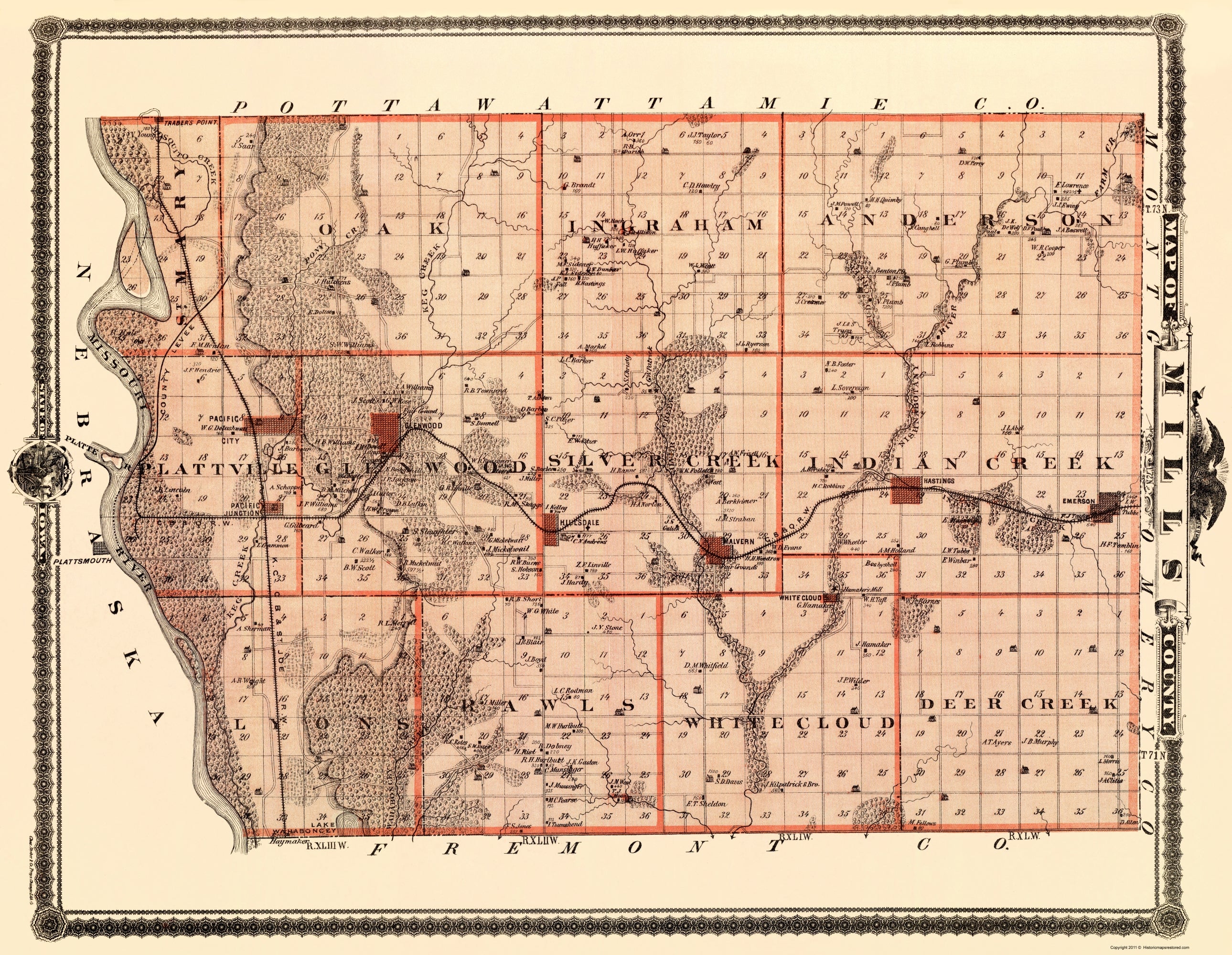 Historic County Map - Mills County Iowa - Shober 1875 - 23 x 29.66 - V ...