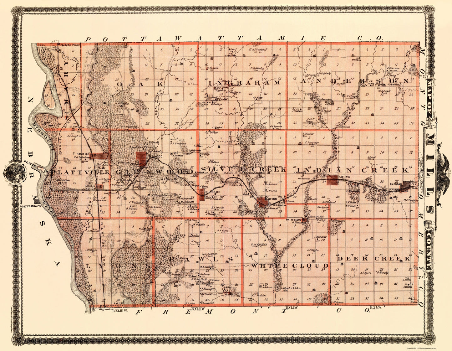 Historic County Map - Mills County Iowa - Shober 1875 - 23 x 29.66 - Vintage Wall Art