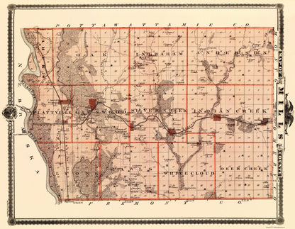 Historic County Map - Mills County Iowa - Shober 1875 - 23 x 29.66 - Vintage Wall Art