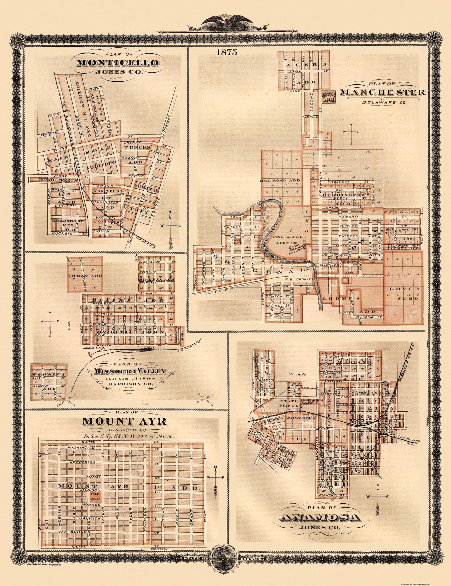 Historic City Map - Monticello Mount Ayre Anamosa Iowa - Shober 1875 - 23 x 27.69 - Vintage Wall Art