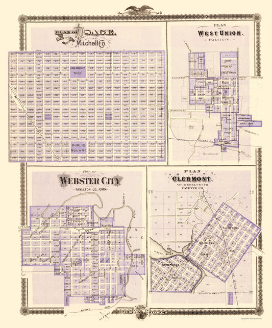 Historic City Map - Osage West Union Webster City Clermont Iowa - Andreas 1874 - 23 x 27.73 - Vintage Wall Art