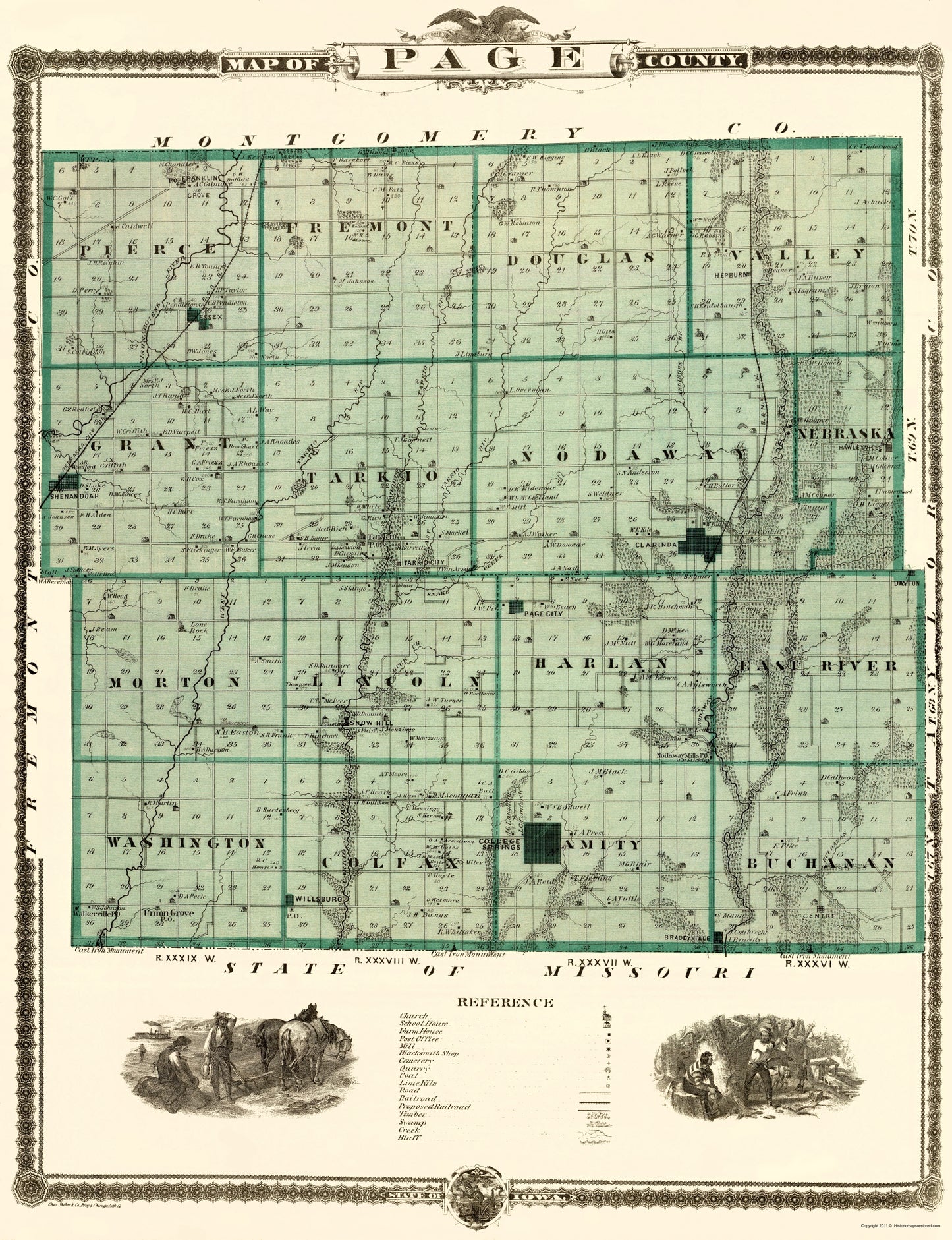 Historic County Map - Page County Iowa - Andreas 1874 - 23 x 29.94 - Vintage Wall Art