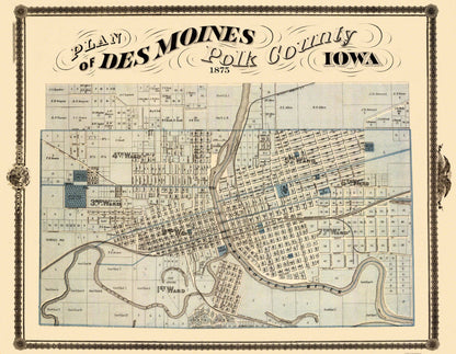 Historic City Map - Des Moines Iowa - Andreas 1875 - 29.63 x 23 - Vintage Wall Art