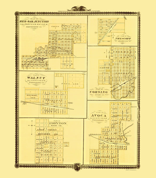 Historic City Map - Red Oak Junction Prescott Walnut Corning Iowa - Andreas 1874 - 23 x 26 - Vintage Wall Art