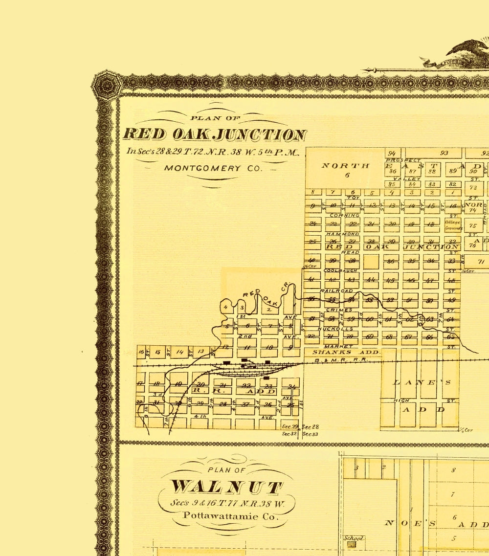 Historic City Map - Red Oak Junction Prescott Walnut Corning Iowa - Andreas 1874 - 23 x 26 - Vintage Wall Art