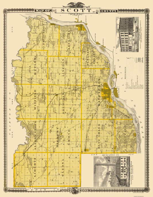 Historic County Map - Scott County Iowa - Shober 1875 - 23 x 29.5 - Vintage Wall Art