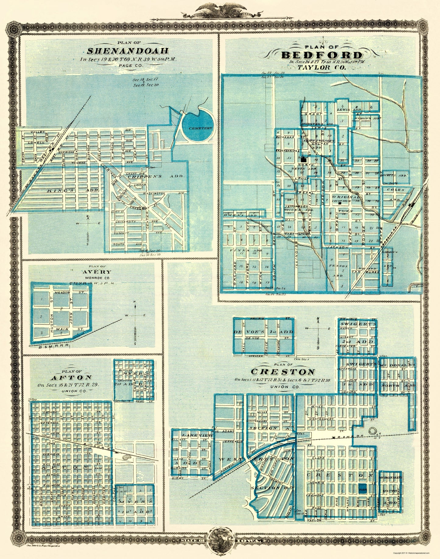 Historic City Map - Shenandoah Bedford Avery Afton Creston Iowa - Andreas 1874 - 23 x 29.25 - Vintage Wall Art