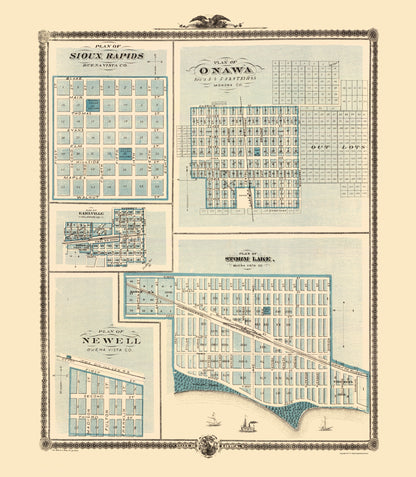 Historic City Map - Sioux Rapids Onawa Earlville Storm Lake Newell Iowa - Andreas 1874 - 23x26 - Vintage Wall Art