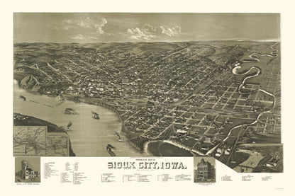 Historic Panoramic View - Sioux City Iowa - Wellge 1888 - 23 x 34.50 - Vintage Wall Art