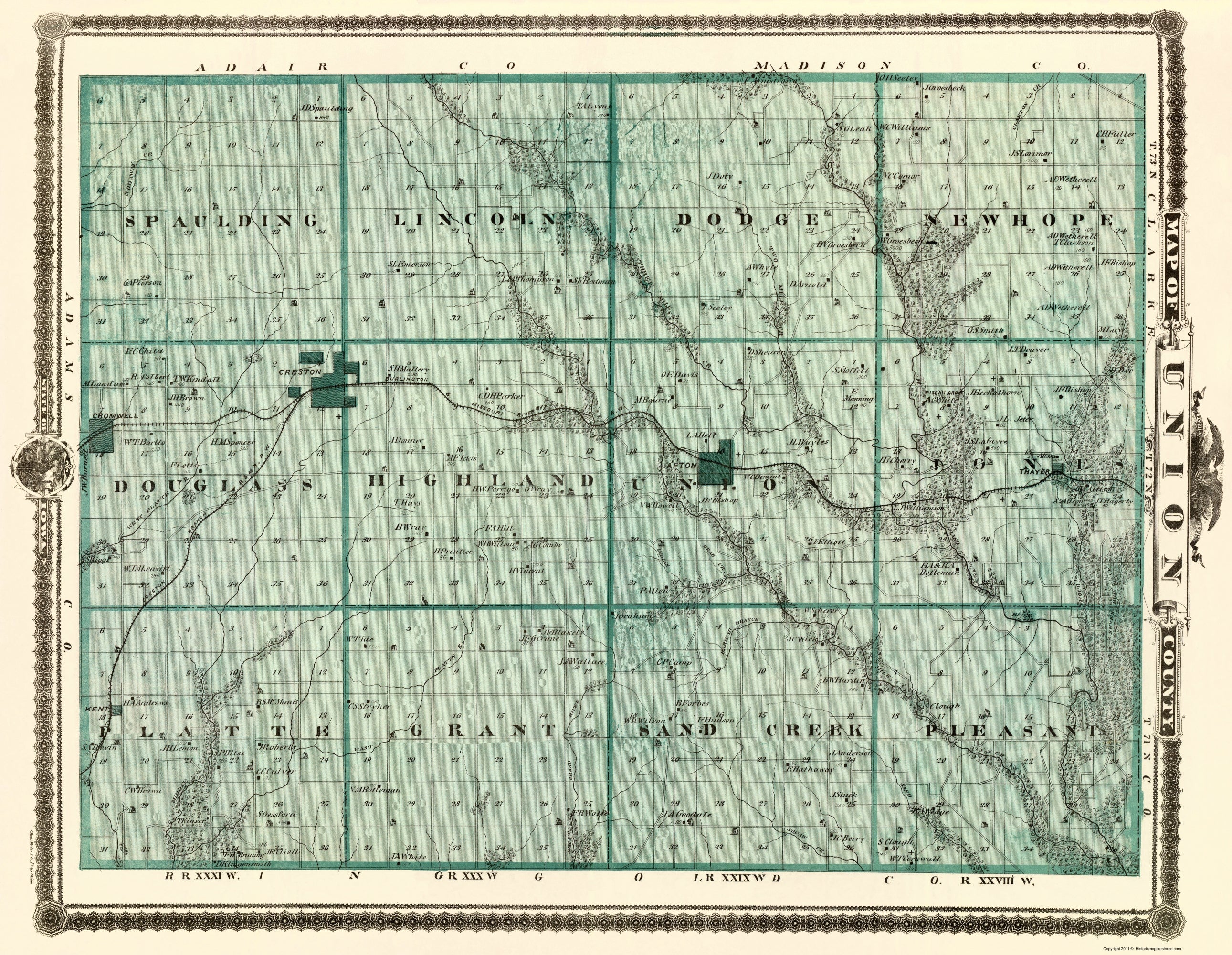 Historic County Map - Union County Iowa - Andreas 1874 - 23 X 29.69 