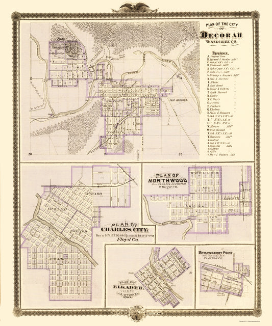 Historic City Map - Decorah Northwood Charles City Iowa - Andreas 1874 - 23 x 27.61 - Vintage Wall Art