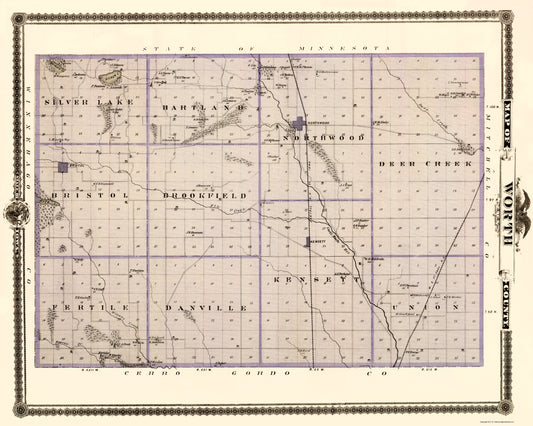 Historic County Map - Worth County Iowa - Andreas 1874 - 23 x 28.79 - Vintage Wall Art