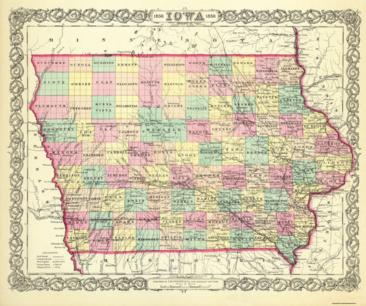 Historic State Map - Iowa - Colton 1856 - 27.44 x 23 - Vintage Wall Art