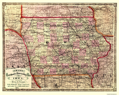 Historic State Map - Iowa - Cram 1875 - 29 x 23 - Vintage Wall Art