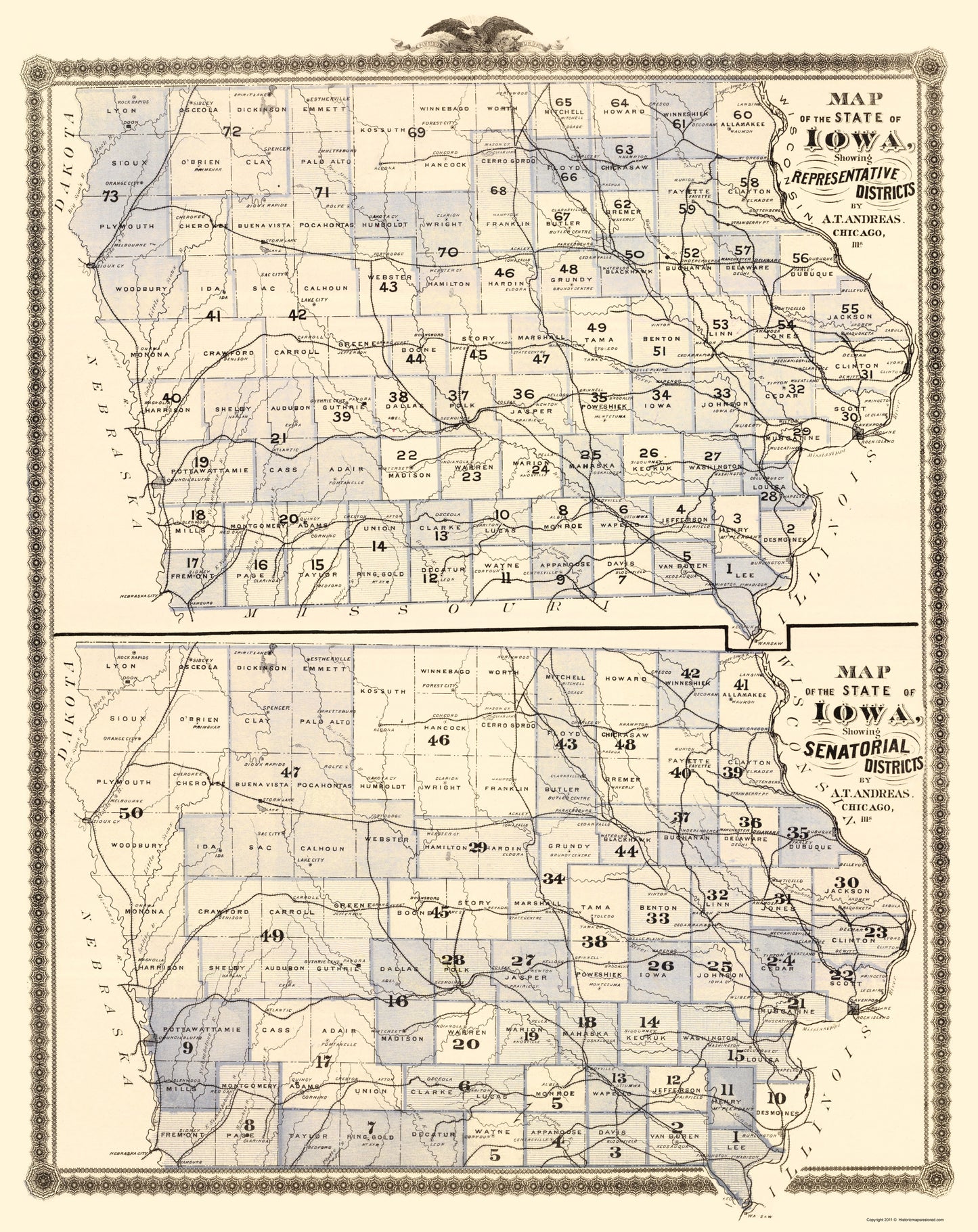 Historic State Map - Iowa Representative Senatorial Districts 1874 - 23 x 28 - Vintage Wall Art