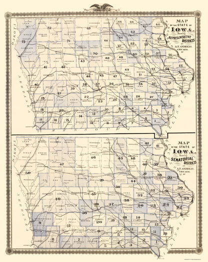 Historic State Map - Iowa Representative Senatorial Districts 1874 - 23 x 28 - Vintage Wall Art