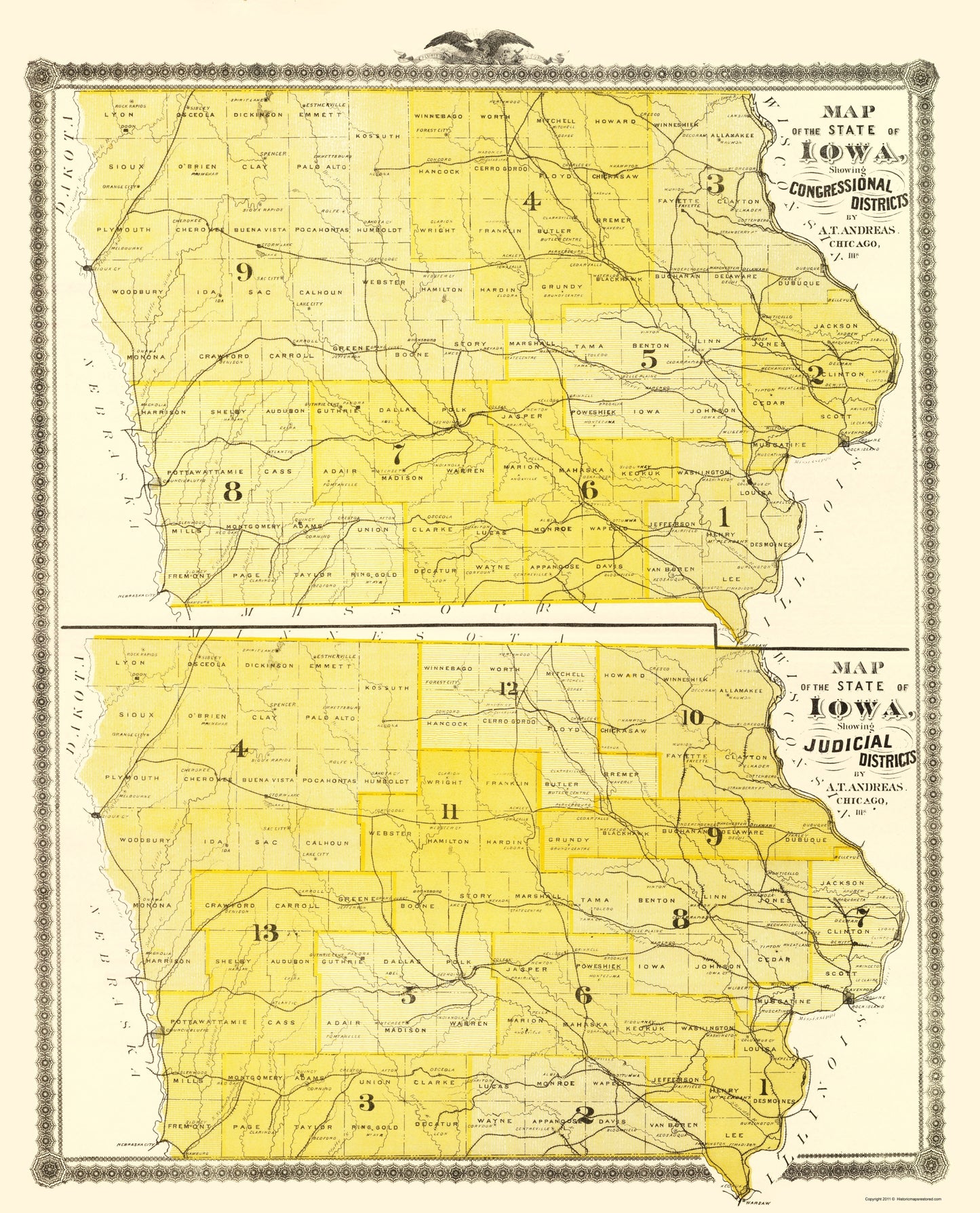 Historic State Map - Iowa Congressional Judicial Districts  1874 - 23 x 28 - Vintage Wall Art