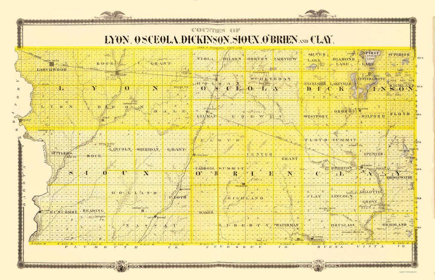 Historic County Map - Lyon Osceola Dickinson Sioux Obrien Clay Counties Iowa - Andreas 1874 - 23 x 35 - Vintage Wall Art