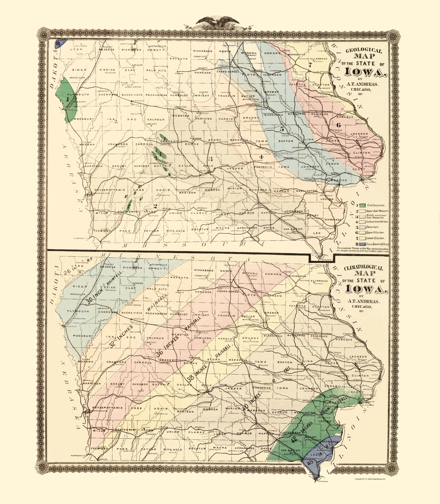 Historic State Map - Iowa Geology Climate - Andreas 1874 - 23 x 26.36 - Vintage Wall Art