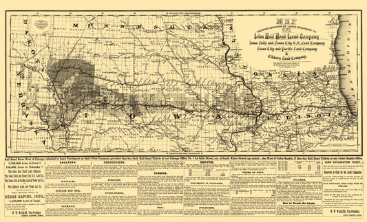 Railroad Map - Iowa Railroad Land Company - Colton 1871 - 23 x 37.95 - Vintage Wall Art