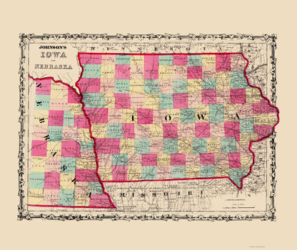 Historic State Map - Nebraska Iowa - Johnson 1860 - 23 x 27.32 - Vintage Wall Art