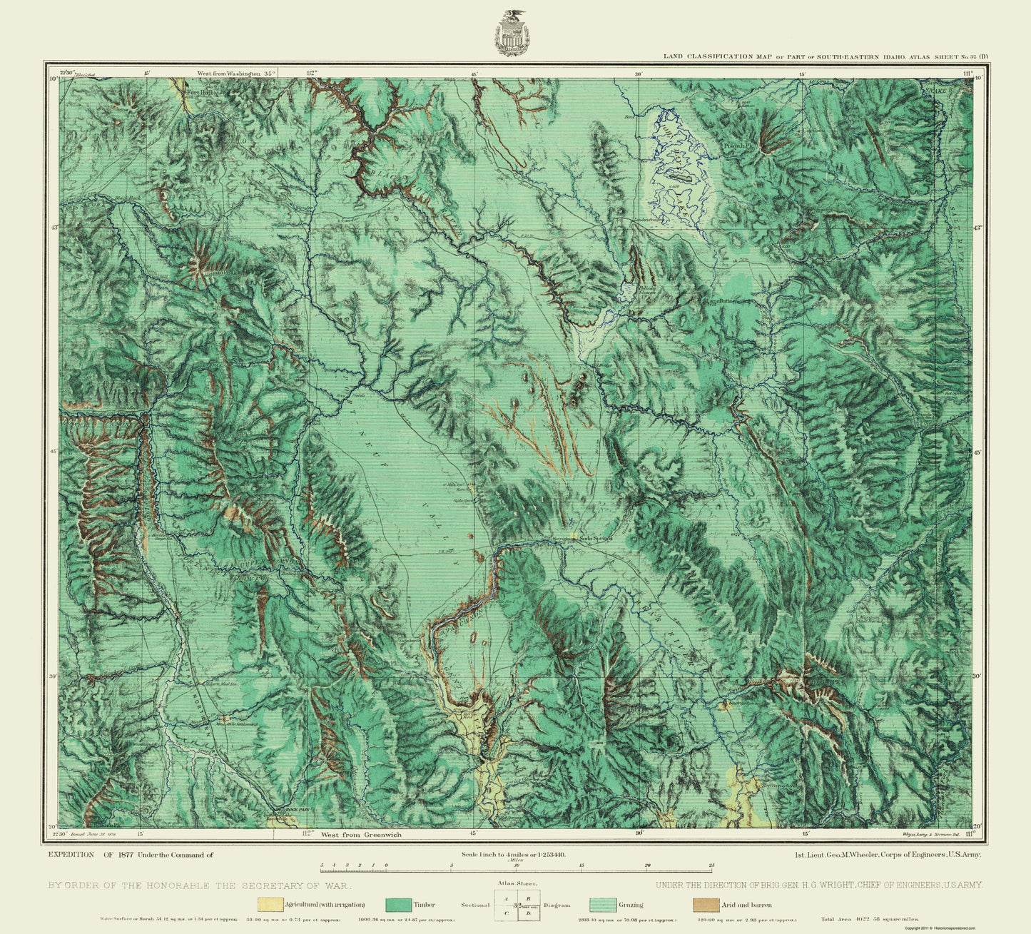 Historic State Map - Idaho Southeastern - US Army 1877 - 23 x 25.39 - Vintage Wall Art