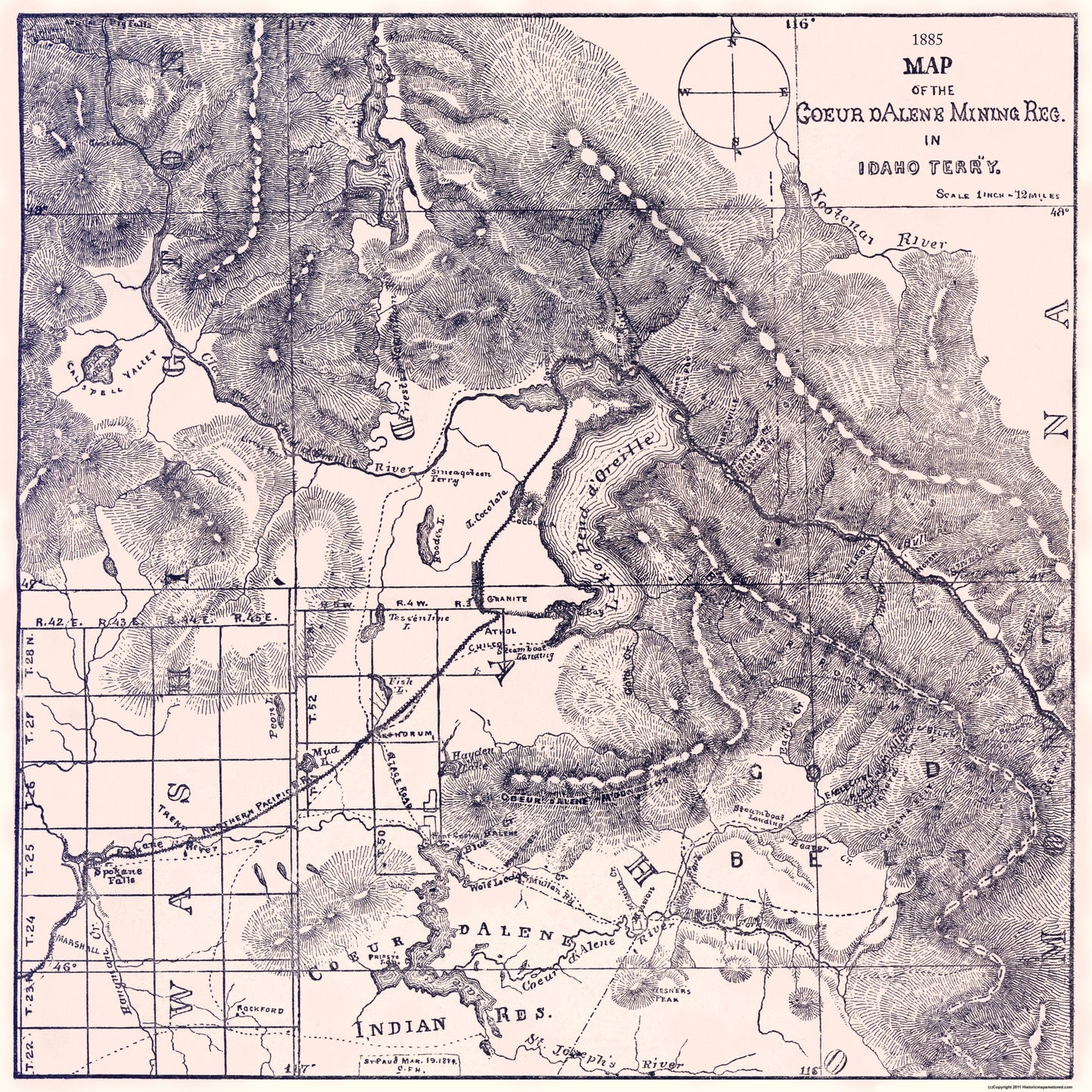 Historic Mine Map - Coeur dAlene Mining Region Idaho Territory - Dallam 1885 - 23 x 23 - Vintage Wall Art