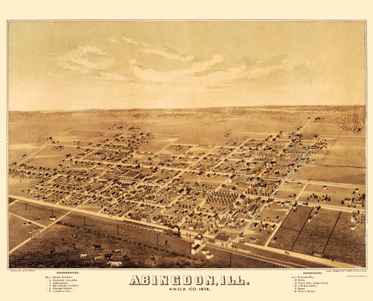 Historic Panoramic View - Abingdon Illinois - Shober 1874 - 23 x 28.60 - Vintage Wall Art