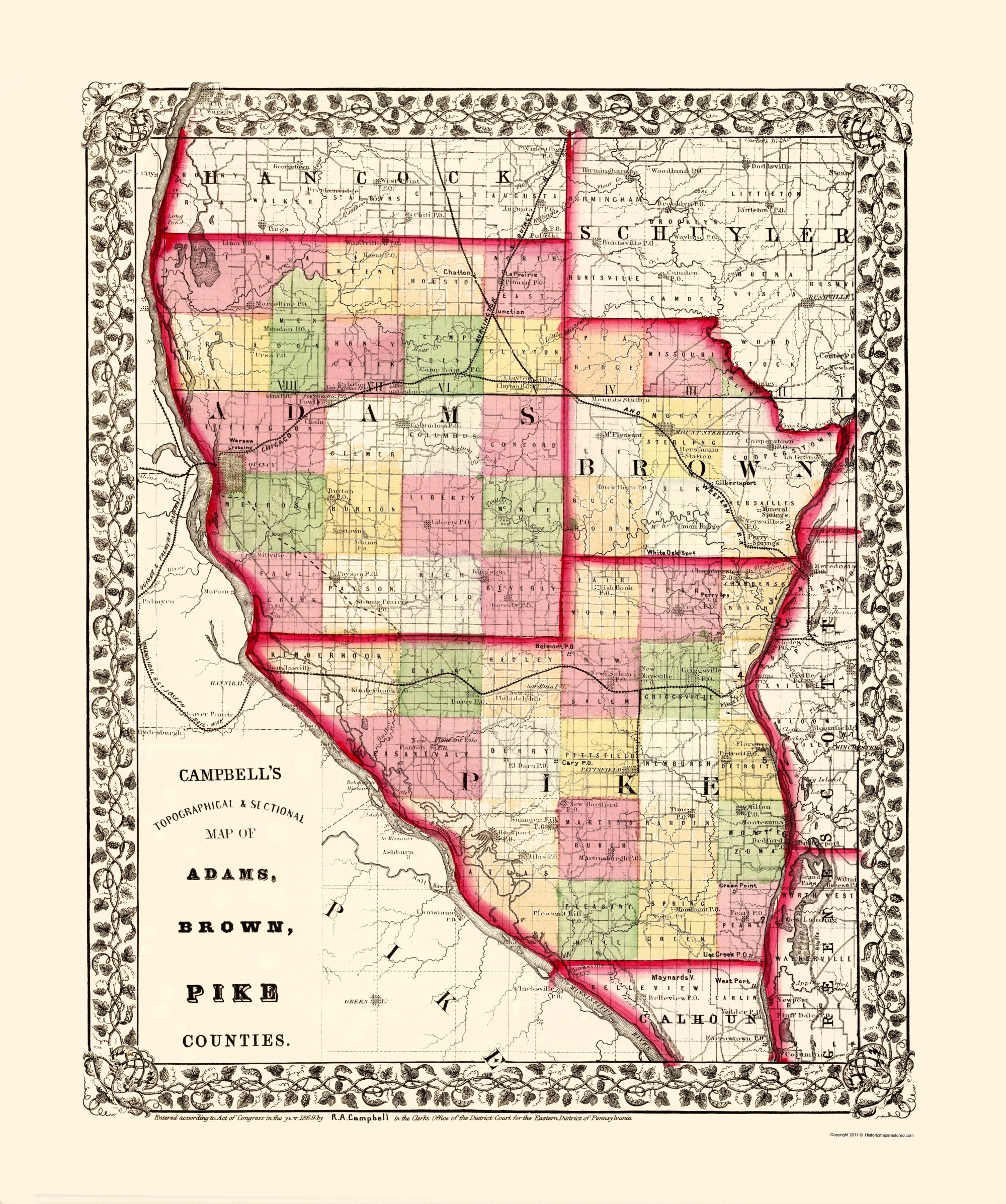 Historic County Map - Adams Brown Pike Counties Illinois - Campbell 18 ...