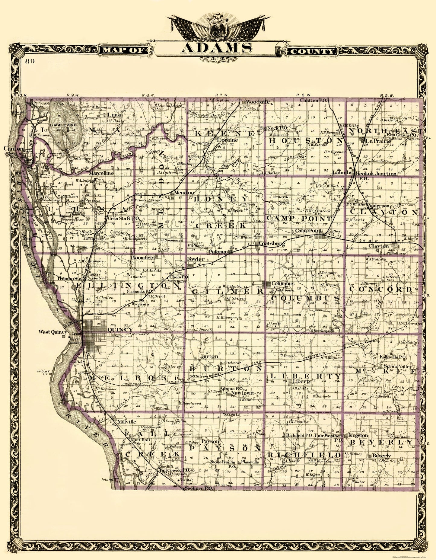 Historic County Map - Adams County Illinois  - Warner 1870 - 23 x 29.52 - Vintage Wall Art