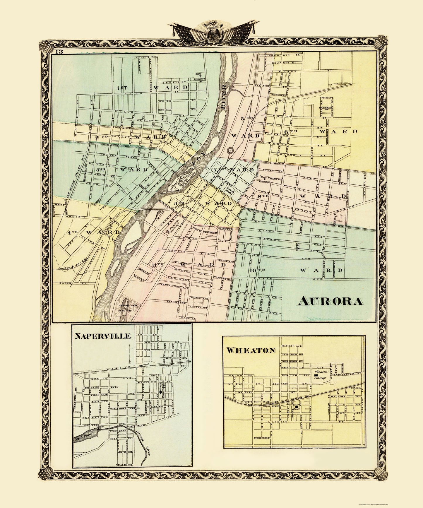 Historic City Map - Aurora Wheaton Naperville Illinois - Warner 1870 - 23 x 27.61 - Vintage Wall Art