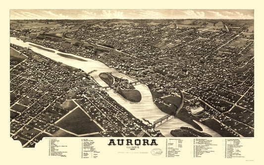 Historic Panoramic View - Aurora Illinois - Beck 1867 - 23 x 36.78 - Vintage Wall Art