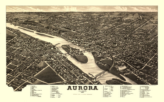 Historic Panoramic View - Aurora Illinois - Stoner 1882 - 36.78 x 23 - Vintage Wall Art