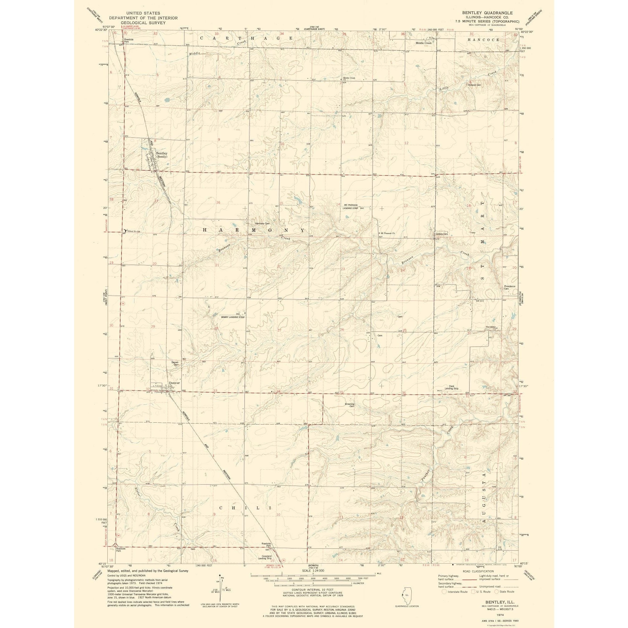 Bently Ranch Map Topographical Map - Bently Illinois Quad - USGS 1974 - Vintage Wall Ar ...