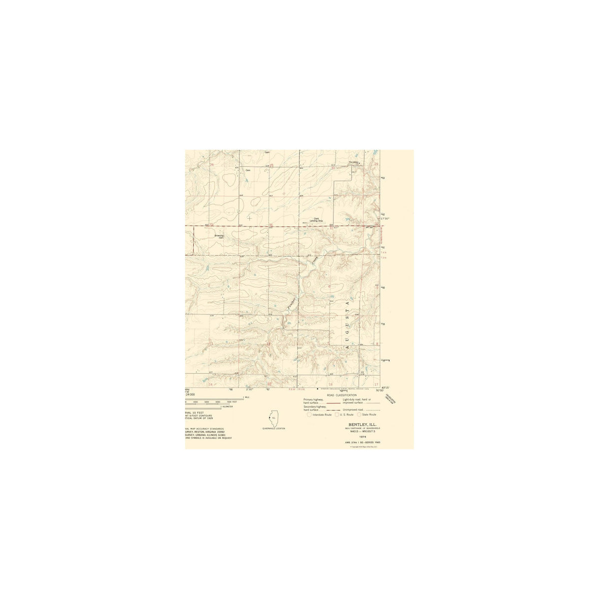 Bently Ranch Map Topographical Map - Bently Illinois Quad - USGS 1974 - Vintage Wall Ar ...
