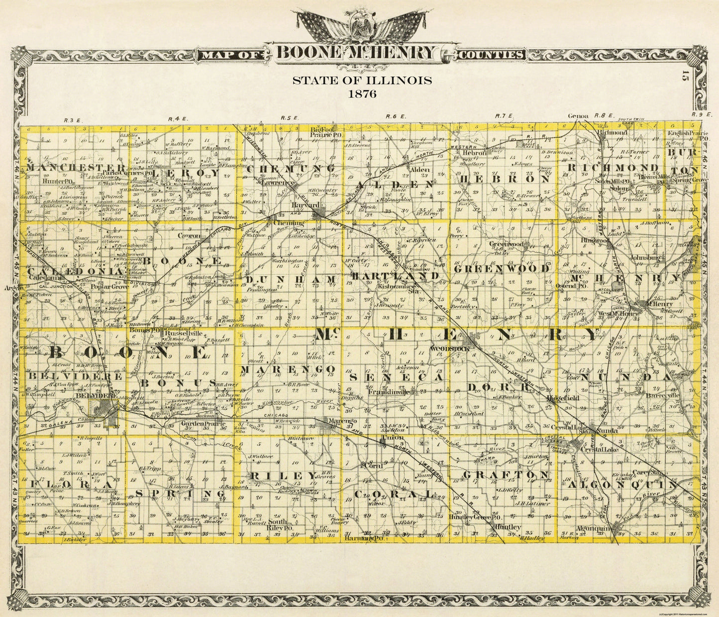 Historic County Map - Boone Mchenry Counties Illinois  - Warner 1876 - 26.75 x 23 - Vintage Wall Art