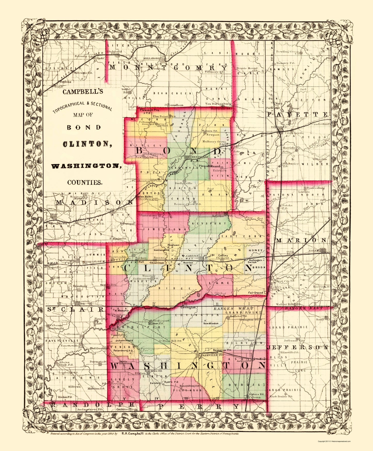 Historic County Map - Bond Clinton Washington Counties Illinois - Campbell 1870 - 23 x 27.76 - Vintage Wall Art