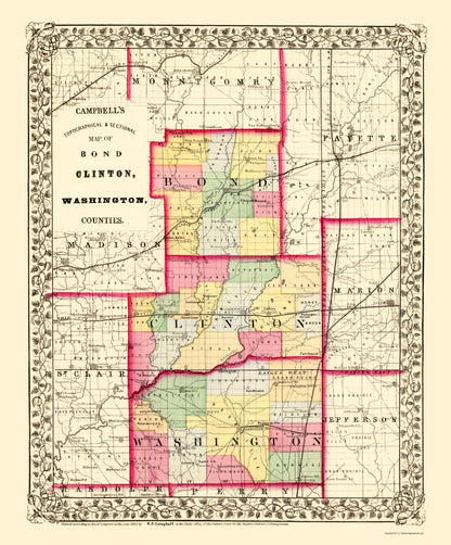 Historic County Map - Bond Clinton Washington Counties Illinois - Campbell 1870 - 23 x 27.76 - Vintage Wall Art