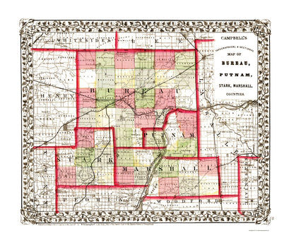 Historic County Map - Bureau Putnam Stark Marshall Counties Illinois - Campbell 1870 - 23 x 27.07 - Vintage Wall Art