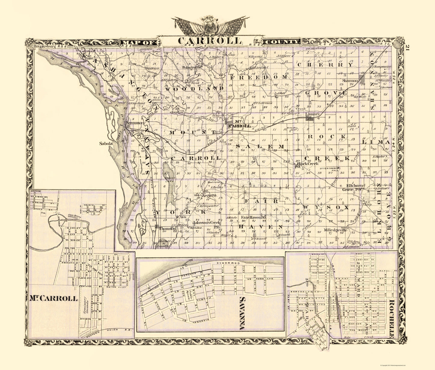 Historic County Map - Carroll County Illinois - Warner 1870 - 23 x 27.07 - Vintage Wall Art