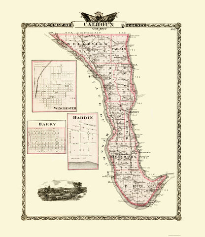 Historic County Map - Calhoun County Illinois - Warner 1876 - 23 x 26.59 - Vintage Wall Art