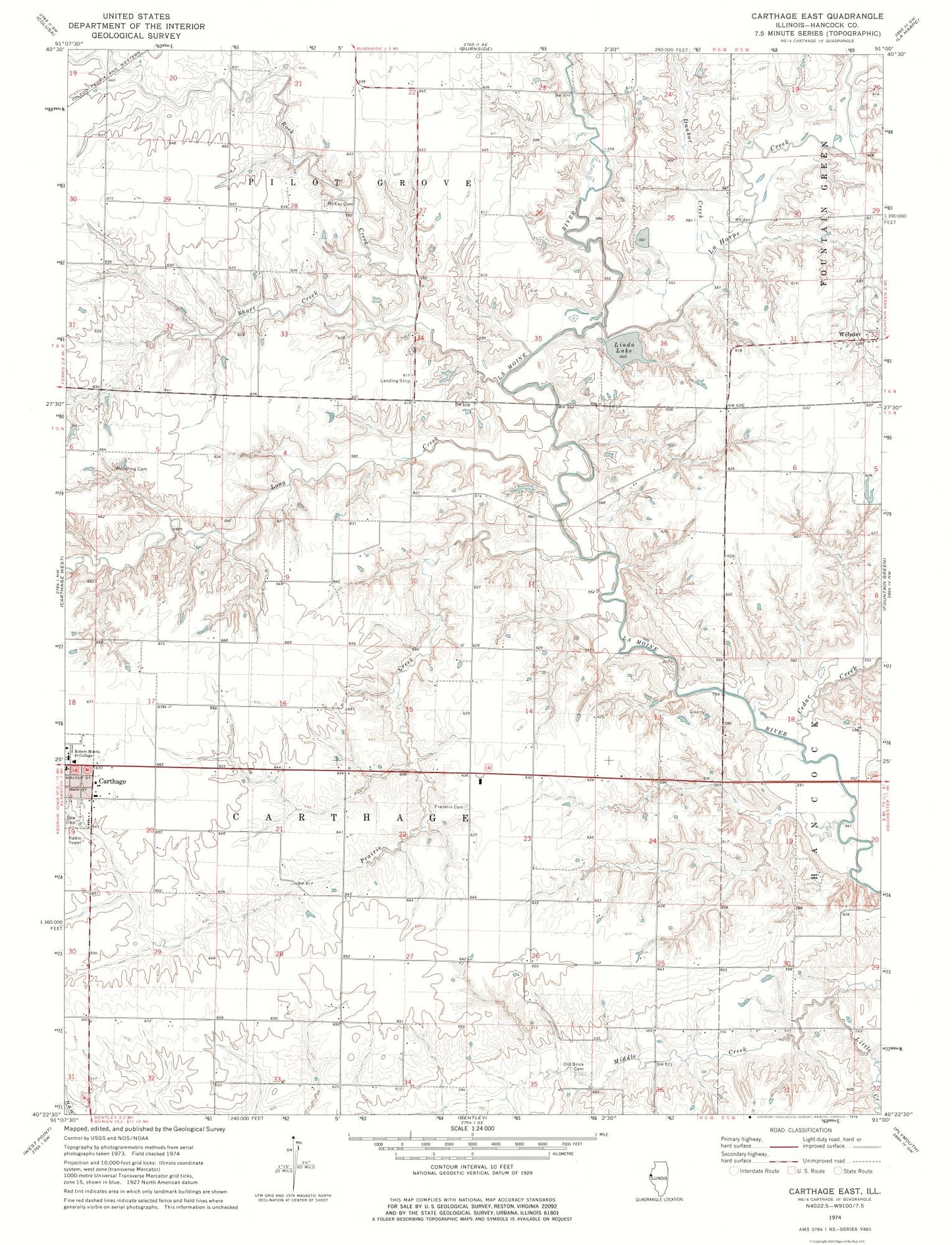 Topographical Map - Carthage East Illinois Quad - USGS 1974 - 23 x 30.07 - Vintage Wall Art