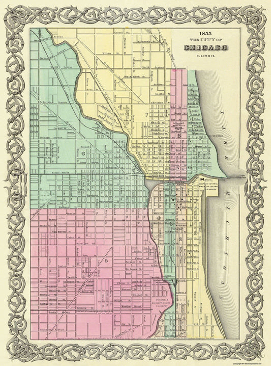 Historic City Map - Chicago Illinois - Colton 1855 - 23 x 31 - Vintage Wall Art