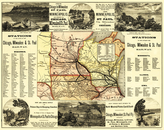 Railroad Map - Chicago Milwaukee and St Paul Railroad - 1874 - 23 x 29 - Vintage Wall Art