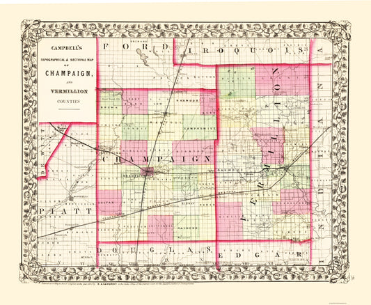 Historic County Map - Champaign Vermillion CountiesIllinois - Campbell 1870 - 23 x 27.97 - Vintage Wall Art
