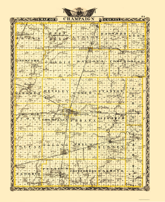 Historic County Map - Champaign County Illinois  - Warner 1870 - 23 x 28.20 - Vintage Wall Art